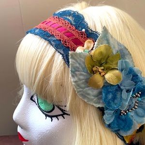 1920s floral - headband blue with antique flowers handmade - lace